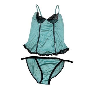 Vintage Nan Flower Blue and Black Two Piece Lingerie Set Camisole Panties Medium